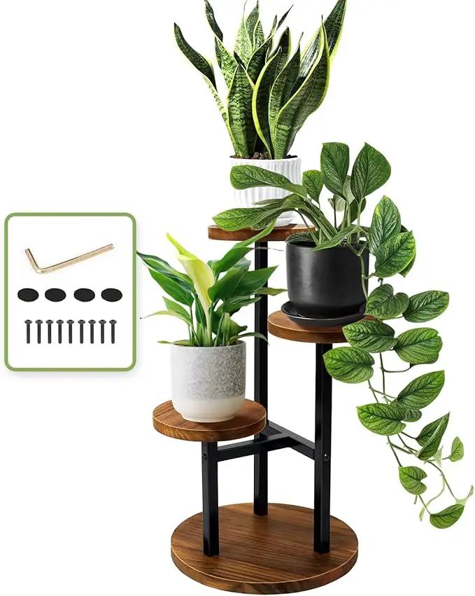 AUGOSTA 3 Tier Plant Stand, Tall Metal Wood Shelf Holder for Indoor, Outdoor Display Rack Flower Pot Stand for Corner Living Room Balcony Garden Patio by GreenHaven Gardens