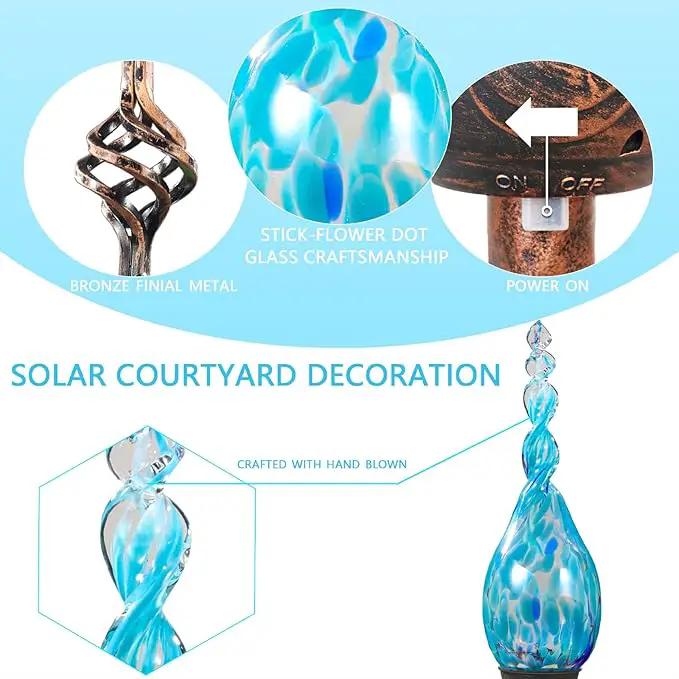 Garden Solar Light, Decorative LED Flame Garden Stakes, Hand Blown Glass and Metal Outdoor Decoration, 3 x 36 Inches (Light Blue) by GreenHaven Gardens