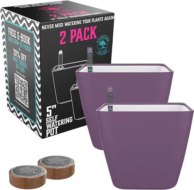 GARDENIX DECOR 5" Self Watering pots for Indoor Plants - Flower Pot with Water Level Indicator for Plants, Grow Tracking Tool - Self Watering Planter Plant Pot – 2 Pack Purple by GreenHaven Gardens