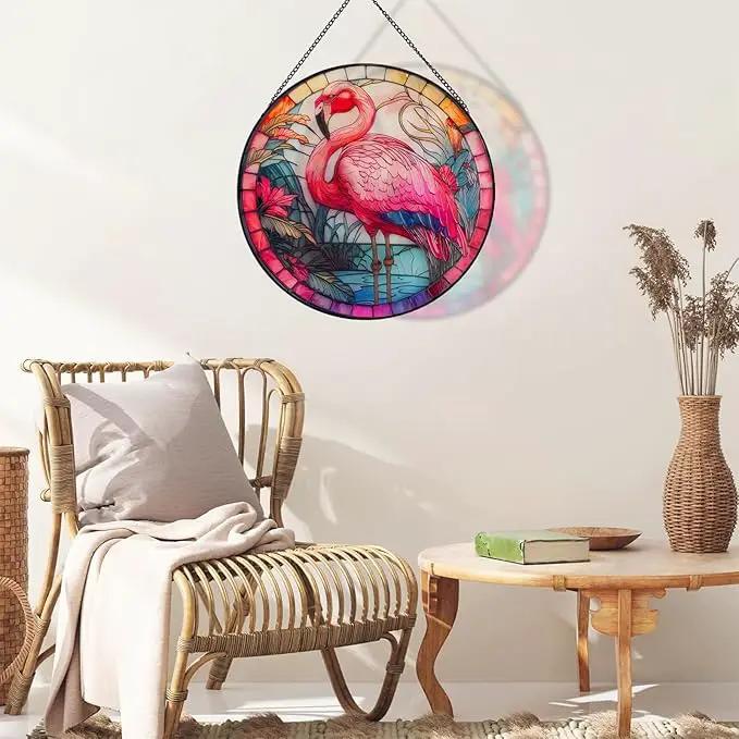 RIVEENY Flamingos Sun Catcher Stained Glass,8" Flamingos Gifts for Women,Stained Glass Window Hanging,Red Birds Sun Catchers for Windows, Hand Painted Glass for Birds Lover by GreenHaven Gardens