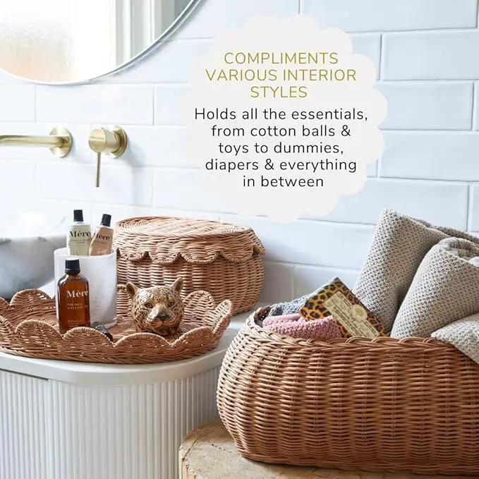 BEBE BASK The Original Scalloped Basket Set Of 2 - Small Scallop Basket - 15 x 10 x 6 In - Hand-Woven & Award-Winning - Elegant Wicker With Scalloped Edge Lid - Nursery Storage - (Mocca)