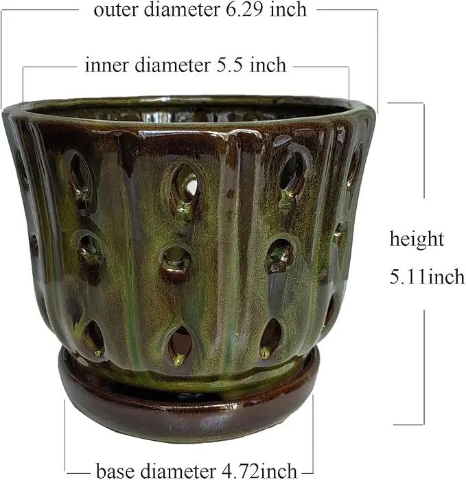 Ceramic Orchid Pots with Attached Saucer and Drainage Hole 6'' Orchid Planter (mossgreen) by GreenHaven Gardens