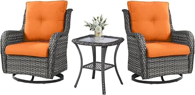 Outdoor Swivel Rocker Wicker Chairs Set of 3, High Back Swivel Patio Chairs Wicker Furniture Set, 2 PCS Rattan Swivel Rocking Chair with Side Table, Orange Cushion by GreenHaven Gardens