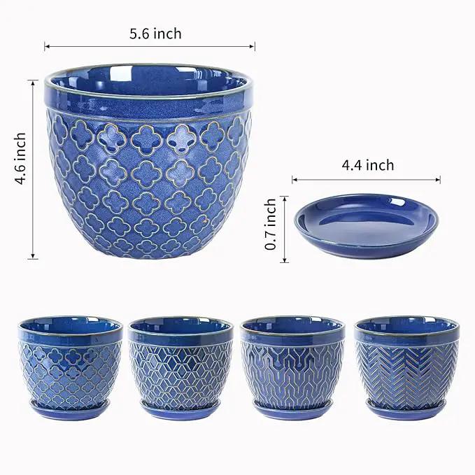 Sureasy Ceramic Indoor Plant Pots - 5.6 Inch Flower Pots for Plants with Drainage Hole and Saucer, Embossed Planter for Succulents, Orchid, Cactus, Indoor Home Decor, Set of 4, Blue by GreenHaven Gardens