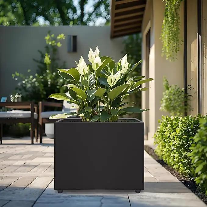 Planter Box Rectangular Block - 16×12×12IN Galvanized Steel Metal Long Box Planter Easy Installation Modern Outdoor Tall Planters All-Weather Use with Drainage Holes for Patio/Porch(Black) by GreenHaven Gardens