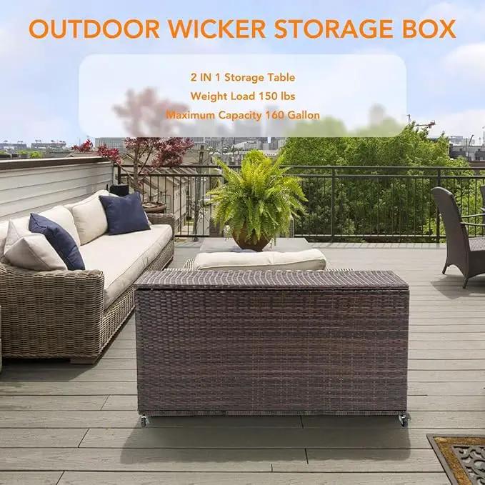 Outdoor 170 Gallon Water-Resistant Wicker Storage Box with Wheels, PE Rattan Deck Box with Waterproof Liner for Outside, Patio Storage Container with Hinged Lid, Horizontal Bin, Brown by GreenHaven Gardens