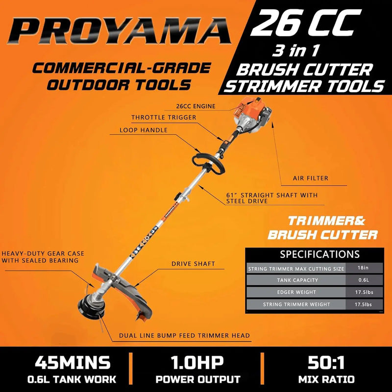 PROYAMA 26cc Weed Eater/Wacker Gas Powered, 2-Cycle Gas String Trimmer/Edger, 3 in 1 Brush Cutter with 17’’ Cutting Path, Grass Trimmer Light Weight by GreenHaven Gardens