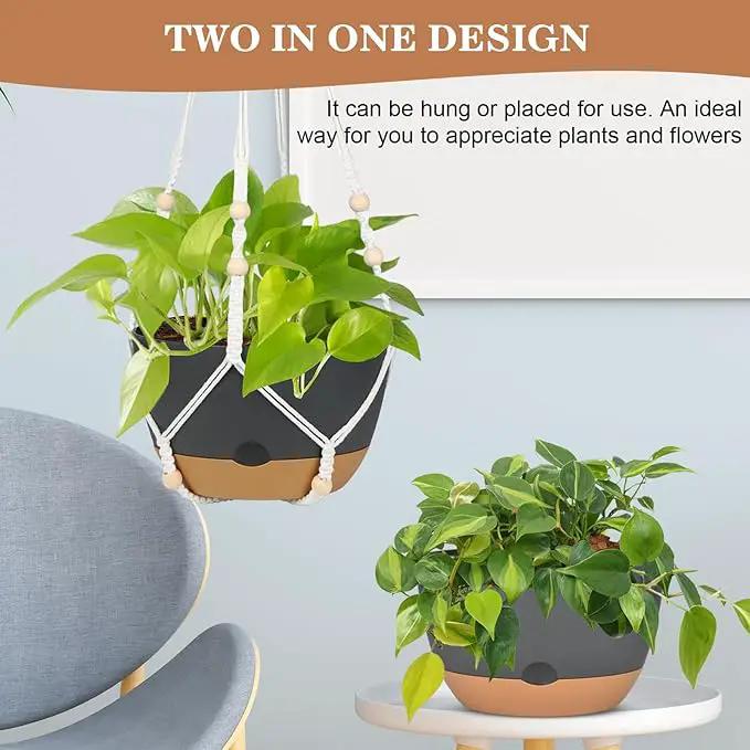 3 Pack Hanging Planters Set, 10 + 10 + 8 Inch Self-Watering Hanging Plant Pot, Macrame Plant Hanger with Pot, Ceiling Hooks, Removable Saucer and Drainage Holes for Indoor, Outdoor Plants - Black by GreenHaven Gardens