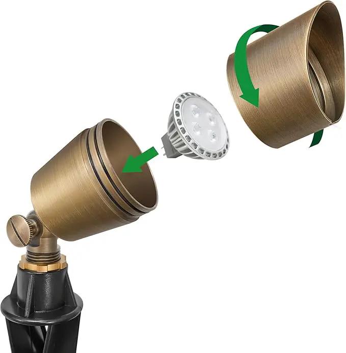 GKOLED Solid Brass Low Voltage Compact Spotlight, 12V AC/DC Waterproof Outdoor Landscape Spot Lights for House Trees Garden Yard Lawn, Up Light with 5W 2700K MR16 Bulb, Stake Included by GreenHaven Gardens