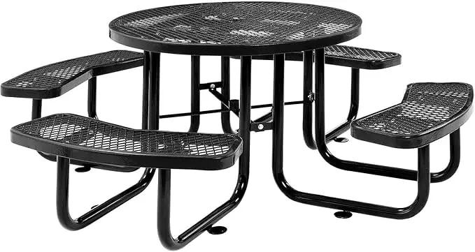 Global Industrial 46" Round Picnic Table, Expanded Metal, Black Thermoplastic Coating, Attached Benches, 1-1/2” Umbrella Pole Hole, Outdoor-Rated, 1000 lb Capacity by GreenHaven Gardens