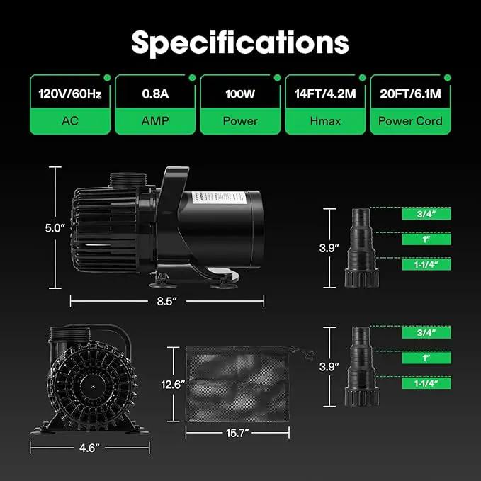 VIVOSUN 1600 GPH Submersible Water Pump with Barrier Bag, 100W Pond Pump, Ultra Quiet Aquarium Pump with 14FT. Lift Height for Pond, Waterfall, Fish Tank, Statuary, Hydroponic by GreenHaven Gardens