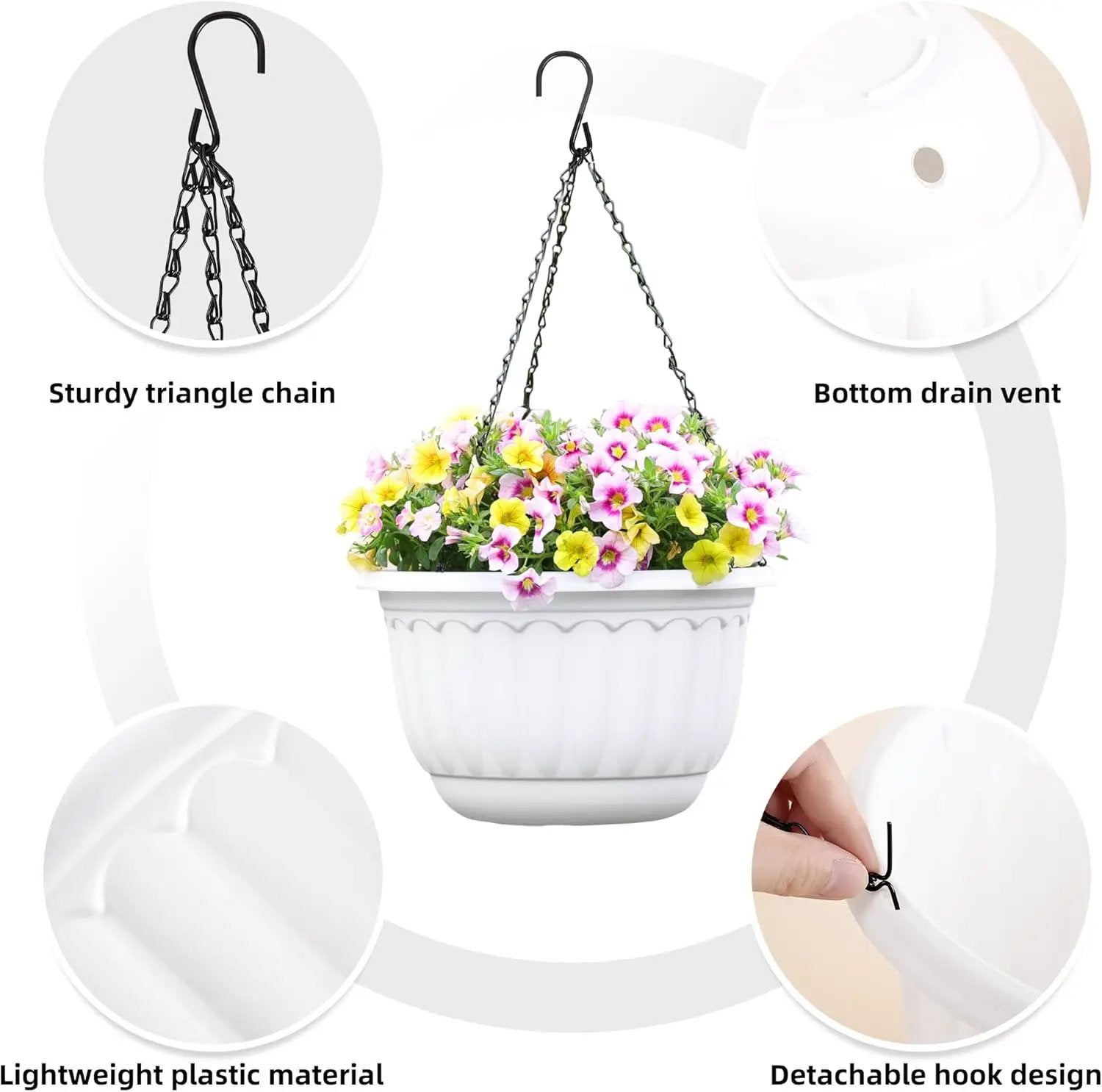 YIKUSH Planters for Outdoor Plants 2 Pack White Plant Pots with Drainage Hole and Absorbing Tray Hanging Planters for Indoor Plants (12 inch, 3 Hooks) by GreenHaven Gardens