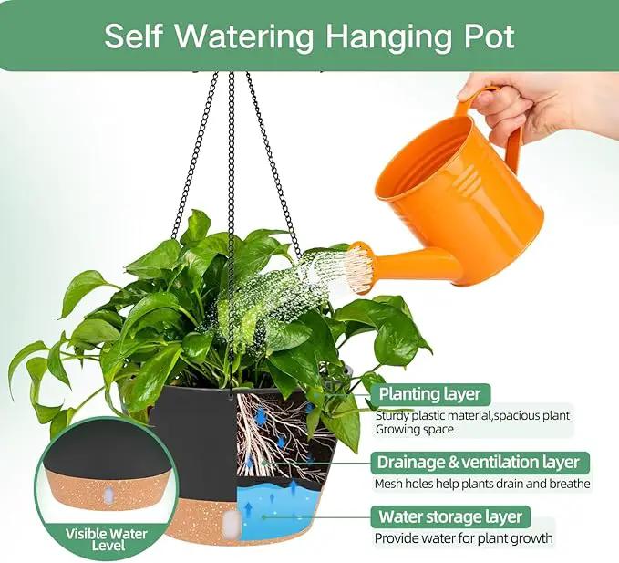 QCQHDU 2 Pack 8 inch Hanging Planters for Indoor Plants, Outdoor Hanging Baskets, Self Watering Pots with Drainage Holes & Removable Tray (Dark Grey, 8 inch) by GreenHaven Gardens