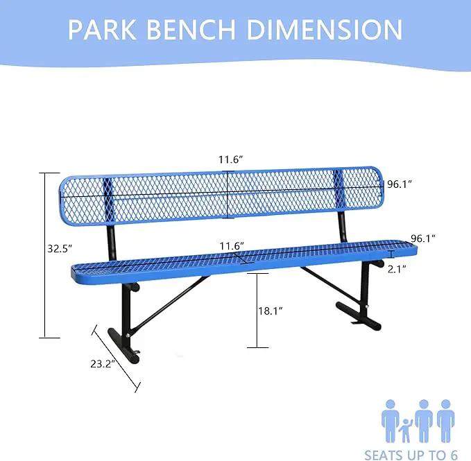 8FT Heavy Duty Park Bench with Back Portable Frame, Outdoor Steel Bench with Backrest, Outdoor Park Bench Expanded Metal Mesh Bench for Lawn, Park, Deck, Garden, Patio, Porch, Black (Blue, 8FT) by GreenHaven Gardens