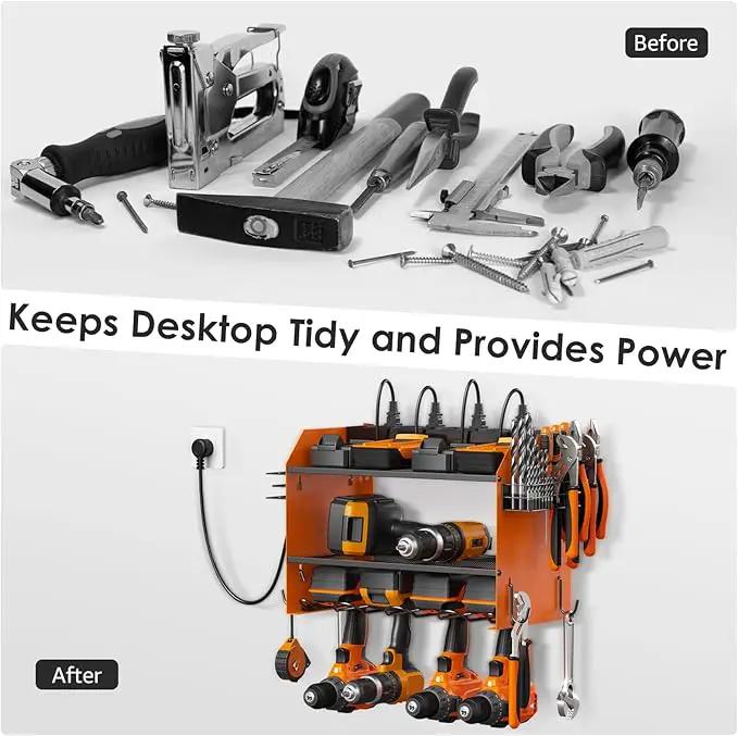 CCCEI Set Power Tool Organizer Wall Mount with Charging Station. Garage 4 Drill Storage Shelf with Hooks, Heavy Duty Metal Tool Battery Charger Organizer. Shop Utility Rack with Power Strip Orange. by GreenHaven Gardens