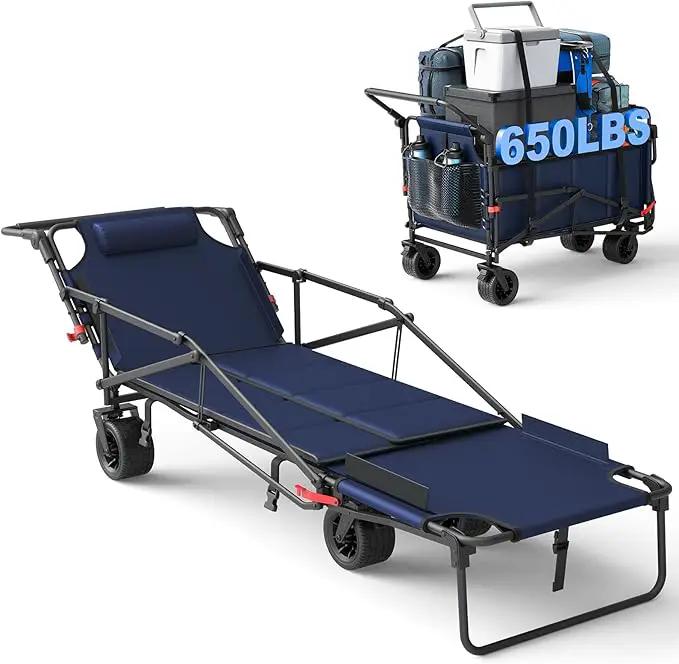 LEVELEVE Heavy Duty Folding Wagon - 2-in-1 Collapsible Cart, 650lb Capacity, All-Terrain Wheels w/Brakes & Side Pockets (Blue) by GreenHaven Gardens