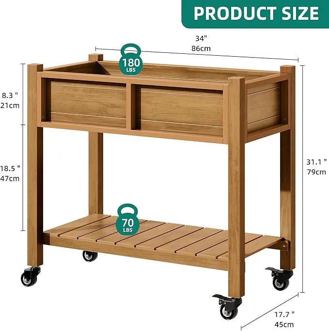 YITAHOME Raised Garden Bed, HIPS Poly Wood Elevated Planter Box with Shelf & Wheels for Mobility, Small Flower Box Stand for Patio Balcony Garden Backyard, Teak by GreenHaven Gardens