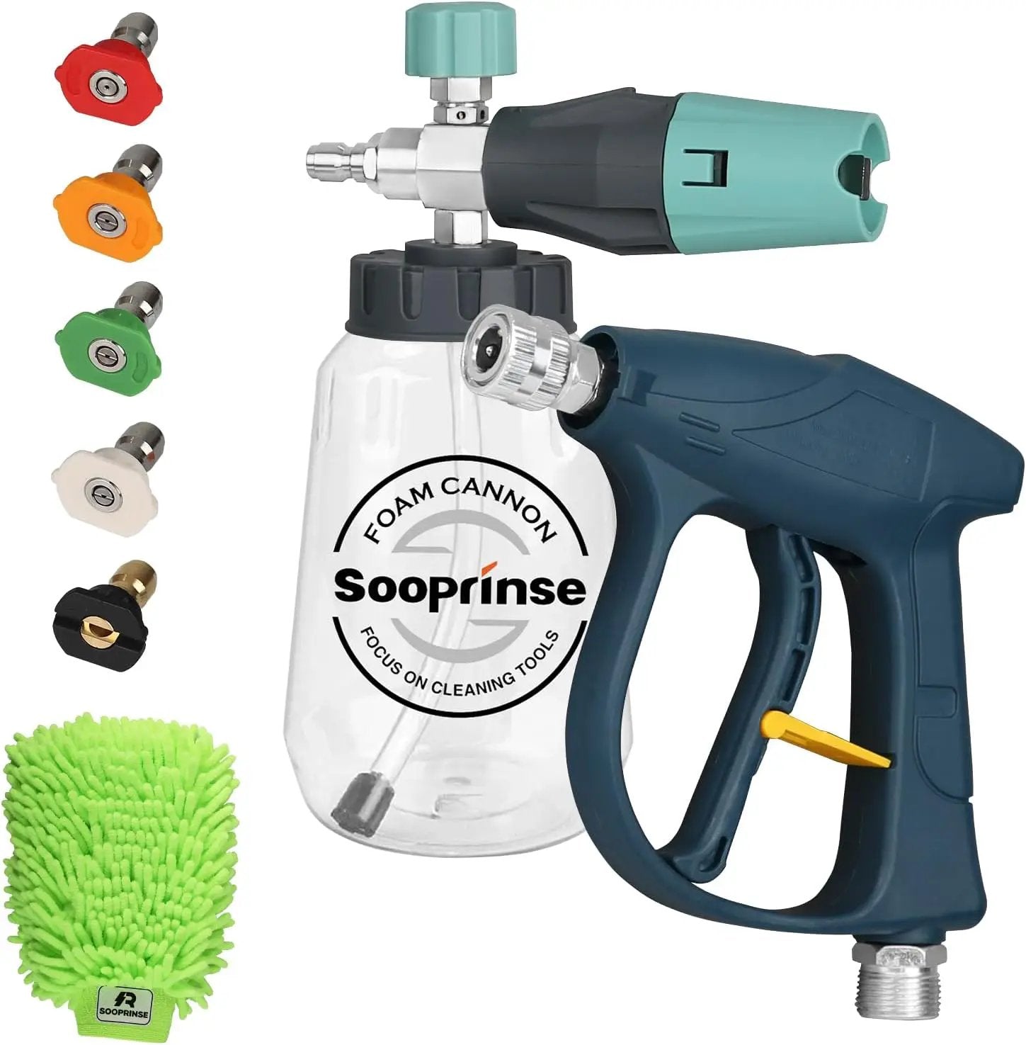 Sooprinse Short Pressure Washer Gun with Foam Cannon, High Pressure Washer Gun Snow Foam Lance with 1/4 Inch Quick Connector, 5 Nozzle Tips with Car Wash Mitt, 3000 PSI, 1 Liter by GreenHaven Gardens