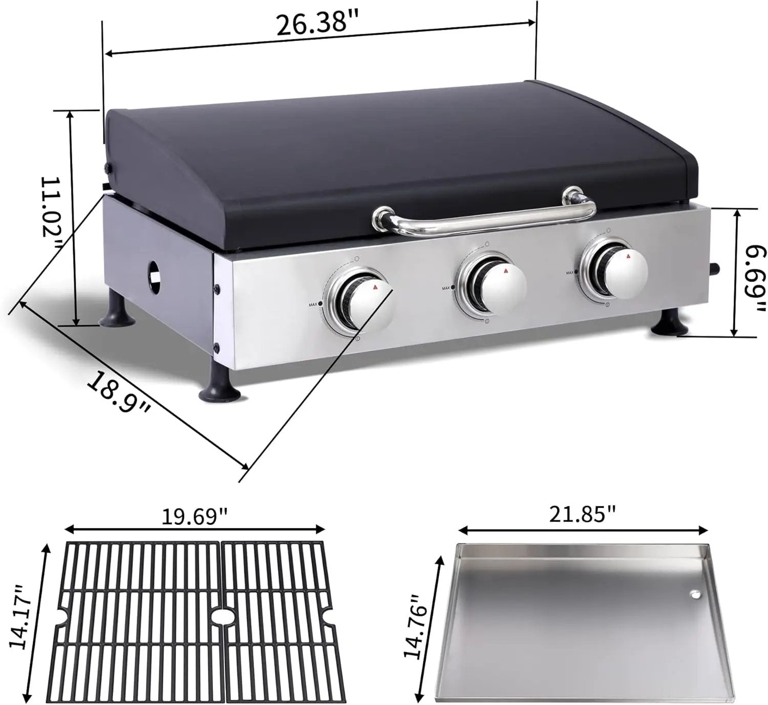 3-Burner Propane Gas BBQ Grill with SS Plancha, 28,650 BTU Output, Wire Enamel Cooking Grids, Heavy-Duty Stainless Steel Grill by GreenHaven Gardens