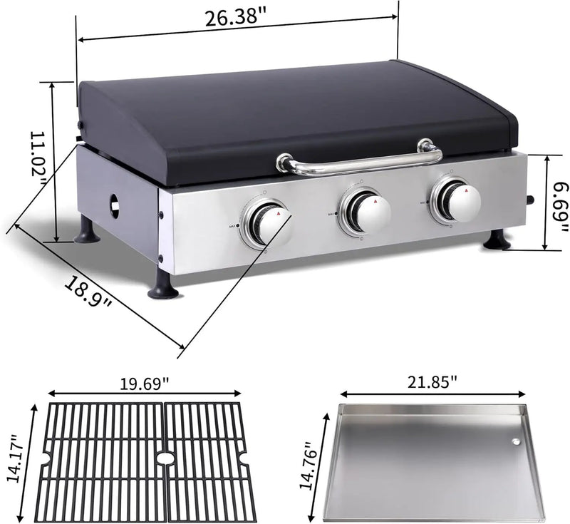 3-Burner Propane Gas BBQ Grill with SS Plancha, 28,650 BTU Output, Wire Enamel Cooking Grids, Heavy-Duty Stainless Steel Grill by GreenHaven Gardens