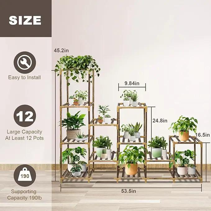 Plant Stand Indoor Outdoor, 12 Tier Plant Shelf for Multiple Plants, Large Wood Plant Shelf Combo Ideal for Gardens, Patios, and Lawns by GreenHaven Gardens