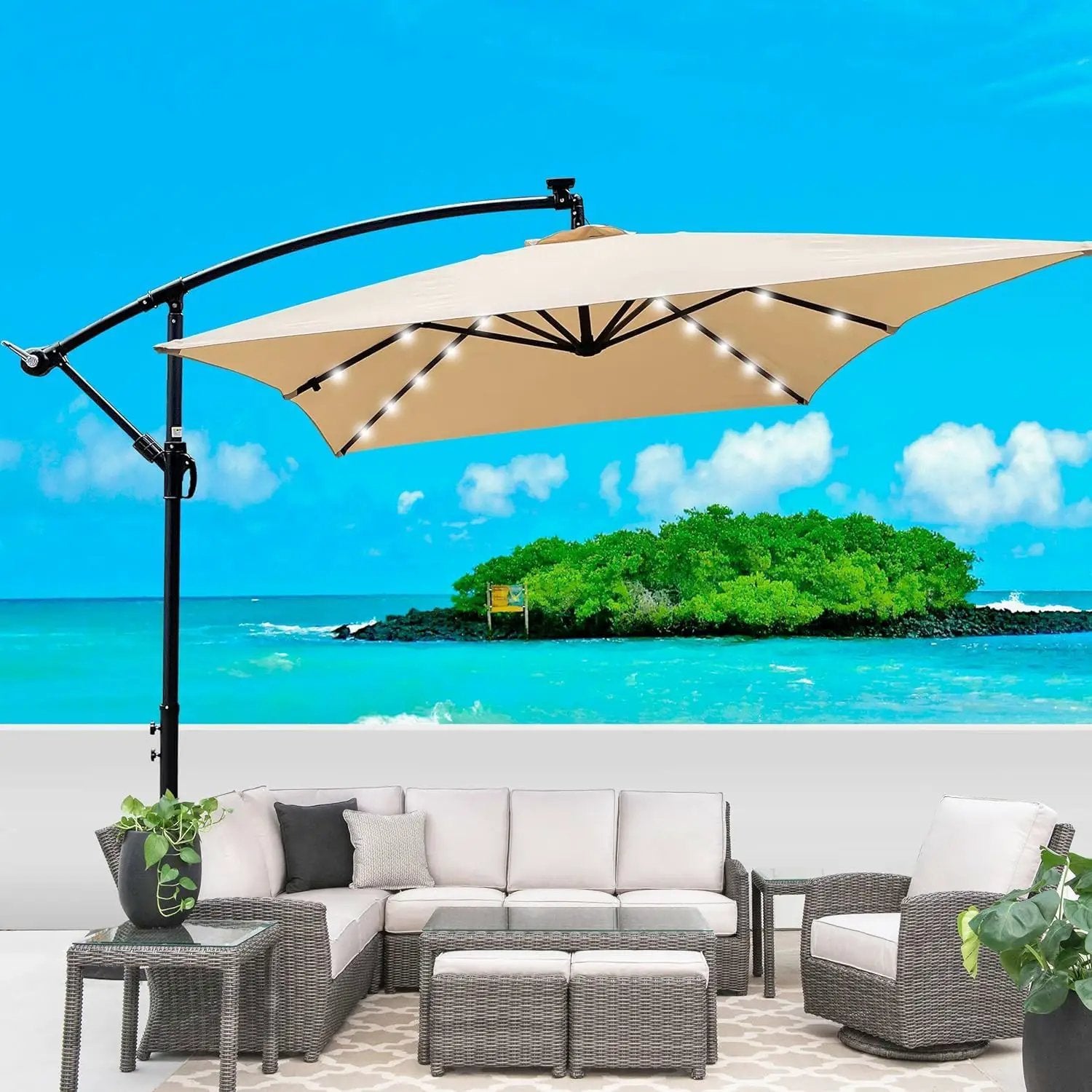 10x6.5FT Patio Umbrella, Outdoor Offset Umbrella with Cross Base and Crank, Rectangular Cantilever Umbrella with Solar Lights, Hanging Market Umbrella with 6 Rids for Pool, Deck, Backyard (Tan) by GreenHaven Gardens