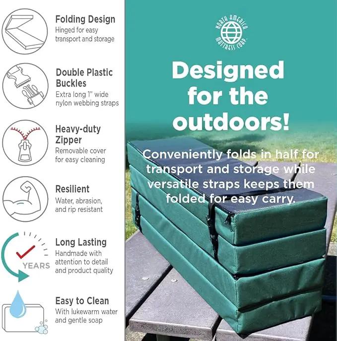 North American Mattress 6' Outdoor Picnic Bench Seat Cushion - 2 Piece Set; 72" (6ft) x 10" x 3"; Navy Blue - Folding & Easy to Carry by GreenHaven Gardens
