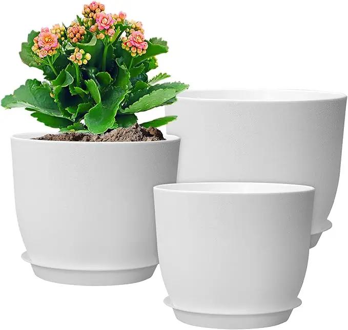 10/9/8 inch Medium Flower Pots, 3 Pack Modern Decorative Plastic Planters with Drainage Holes and Tray, Plant Pots for Indoor Outdoor Plants, White by GreenHaven Gardens