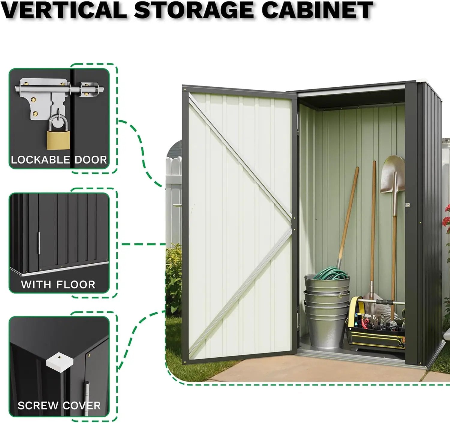 Patiowell 22 Cuft Outdoor Storage Cabinet, Metal Storage Shed with Lockable Door, Indoor Outdoor Vertical Waterproof Tool Shed Without Adjustable Shelves for Patio Garden Backyard, Black by GreenHaven Gardens