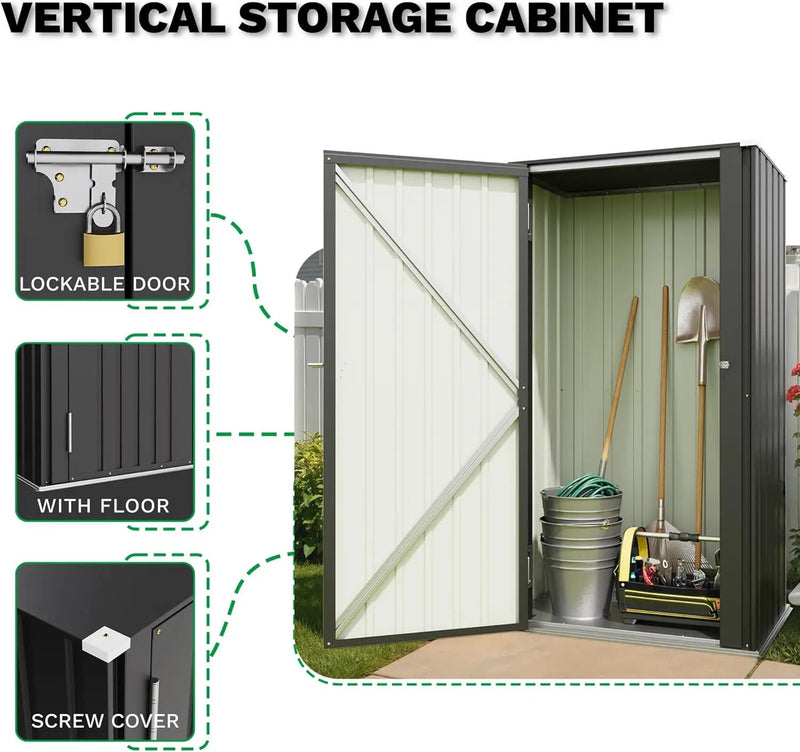 Patiowell 22 Cuft Outdoor Storage Cabinet, Metal Storage Shed with Lockable Door, Indoor Outdoor Vertical Waterproof Tool Shed Without Adjustable Shelves for Patio Garden Backyard, Black by GreenHaven Gardens