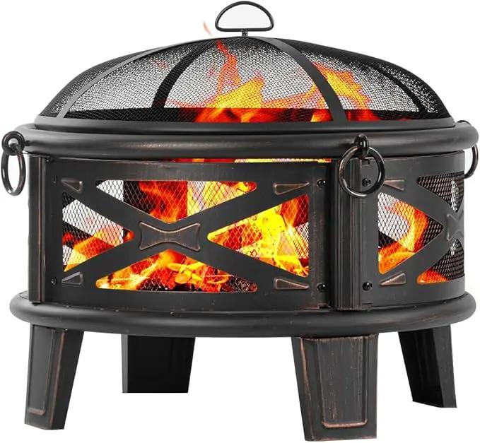 Breezz 26 Inch Wood Burning Fire Pit with Cooking Grill and Spark Screen, Outdoor Metal Round Firepit for Patio, Backyard, Bonfire Party, Camping by GreenHaven Gardens