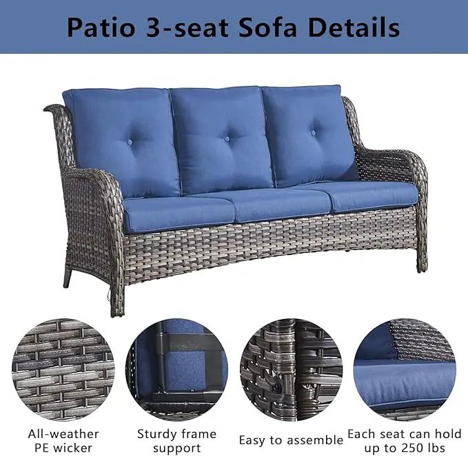 Wicker Patio Furniture Sets - 8 Piece Rattan Outdoor Furniture Conversation Sets with 4 Swivel Rocker Chairs, Rattan Sofa, Wicker Ottomans and Coffee Table, Mixed Grey/Blue by GreenHaven Gardens