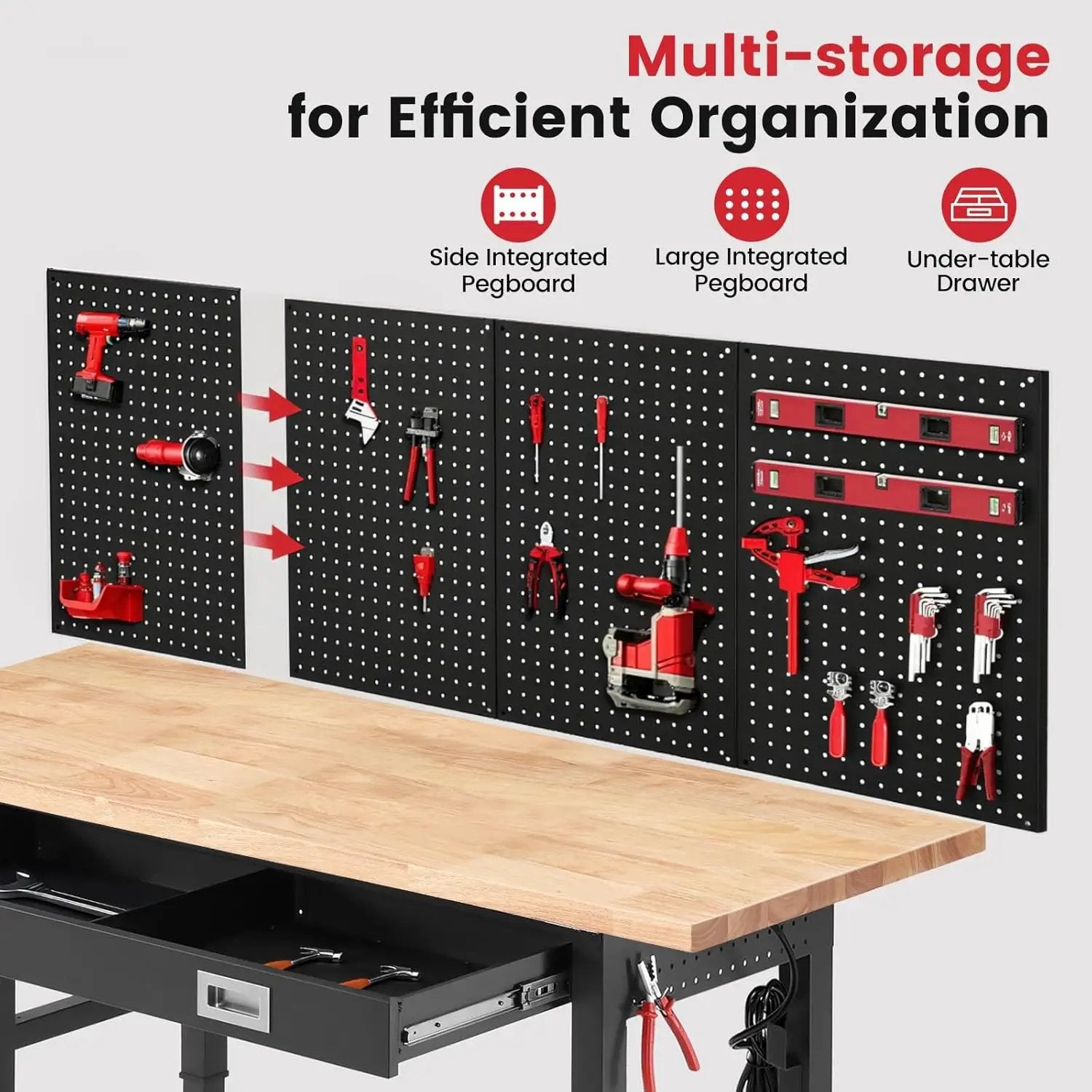 Workbench for Garage 60 x 22 Inch Adjustable Height Work Table with Drawers Heavy Duty Rubberwood Tabletop Work Bench with Pegboard, Power Outlets for Office Home Commercial by GreenHaven Gardens