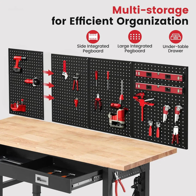 Workbench for Garage 60 x 22 Inch Adjustable Height Work Table with Drawers Heavy Duty Rubberwood Tabletop Work Bench with Pegboard, Power Outlets for Office Home Commercial by GreenHaven Gardens