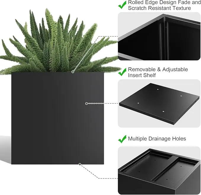 Tall Metal Cube Planter for Outdoor Plants 20" L x 20" W x 20" H, Heavy Duty Steel Rectangular Planter Box with Removable Insert Shelf, Modern Décor for Outside, Indoor, Garden (Black) by GreenHaven Gardens