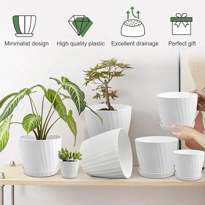 7 pcs Plant Pots with Drainage Holes and Saucers, Indoor Planters, Set of 7 (7.5, 7, 6.5, 6, 5.5, 4.5, 3.5 Inches), White by GreenHaven Gardens