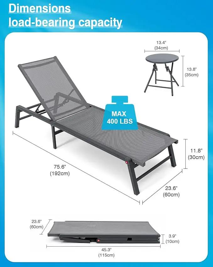 Aluminum Chaise Lounge Chair Outdoor, Foldable Patio Lounge Chair 2 Sets with Table Assemble-Free, Pool Lounge Chairs with 5 Adjustable Backrest, Outdoor Lounge Chairs for Outside Poolside Brown by GreenHaven Gardens