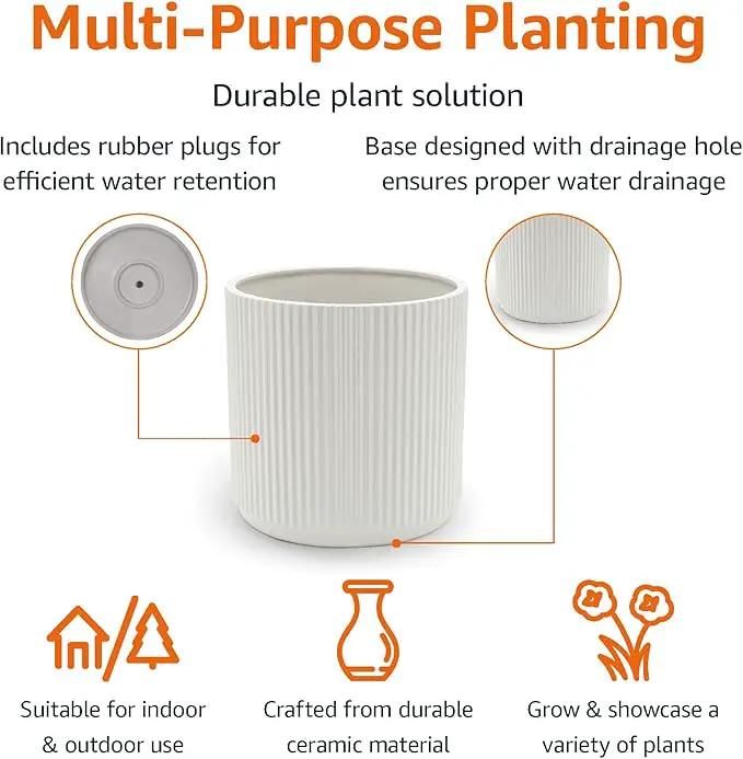 Amazon Basics Fluted Ceramic Round Planter, 10-Inch, White by GreenHaven Gardens