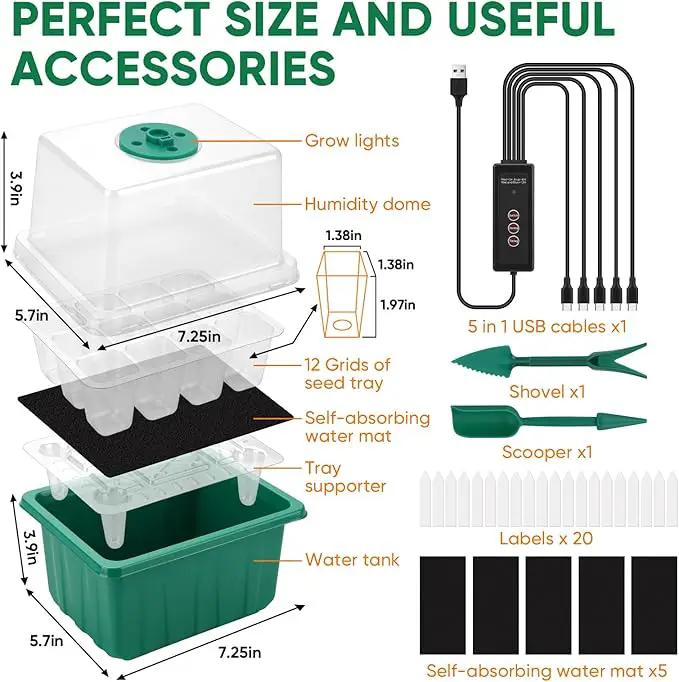 BlumWay Self-Watering Seed Starter Tray Kit with Grow Light and Humidity Dome,3 Color Growing Light,5-Pack 60-Cell Plant Seedling Tray,Reusable Plastic Germination Trays,Timed Light Plant Starter Set by GreenHaven Gardens