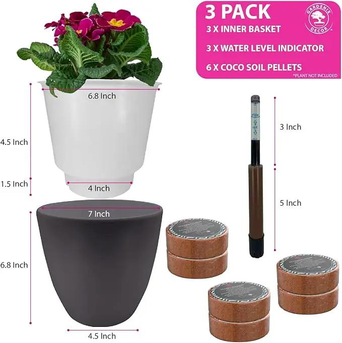 GARDENIX DECOR 7'' Self Watering planters for Indoor Plants - with Water Level Indicator for Flower Pot , Grow Tracking Tool - Coco Coir - Gray 3 Pack by GreenHaven Gardens