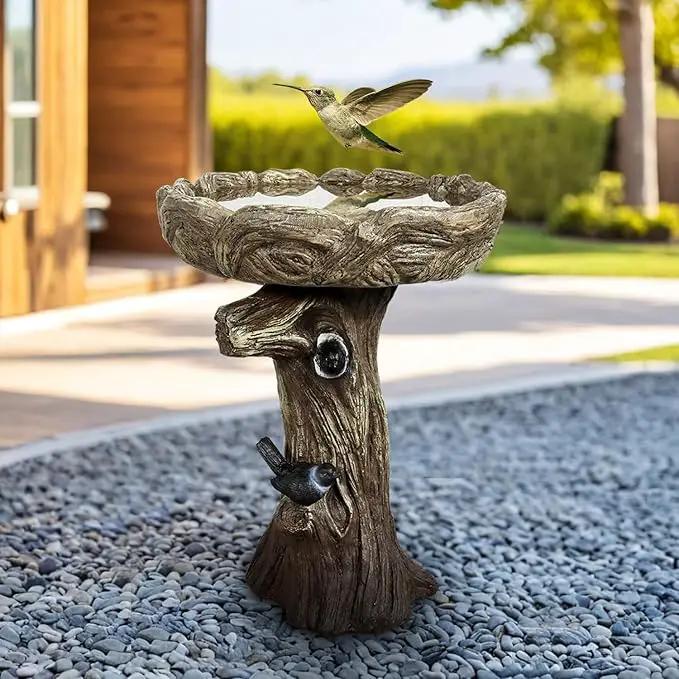 SunJet 23 Inch High Wood-Look Concrete Bird Bath with Decorative Faux Bird – Birdbath Rustic & Long-Lasting Design, Enhances Garden, Patio, Yard, Lawn Decor by GreenHaven Gardens