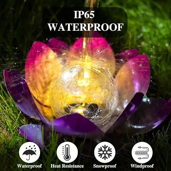 Solar Light Outdoor(2Pack), Art Crackle Globe Glass Lotus Decoration, Solar LED Waterproof Purple Metal Flower Lights for Patio,Lawn,Walkway,Tabletop by GreenHaven Gardens