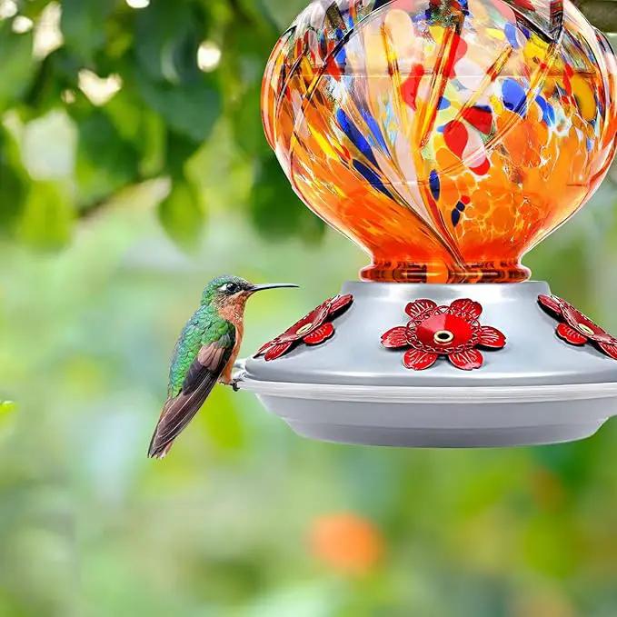 BOLITE Hummingbird Feeder, Hand Blown Glass Hummingbird Feeders for Outdoors Hanging, with Ant Moat and 5 Feeding Ports, 22 Ounces, Peony Flower Shape, Orange, Gifts for Women Men, Gifts for Mom Dad by GreenHaven Gardens
