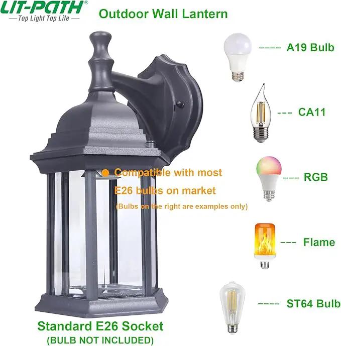 LIT-PaTH Outdoor Wall Lantern, Wall Sconce as Porch Lighting Fixture, E26 Medium Base Max 60W, Aluminum Housing Plus Glass, Matte Black Finish, 2-Pack by GreenHaven Gardens