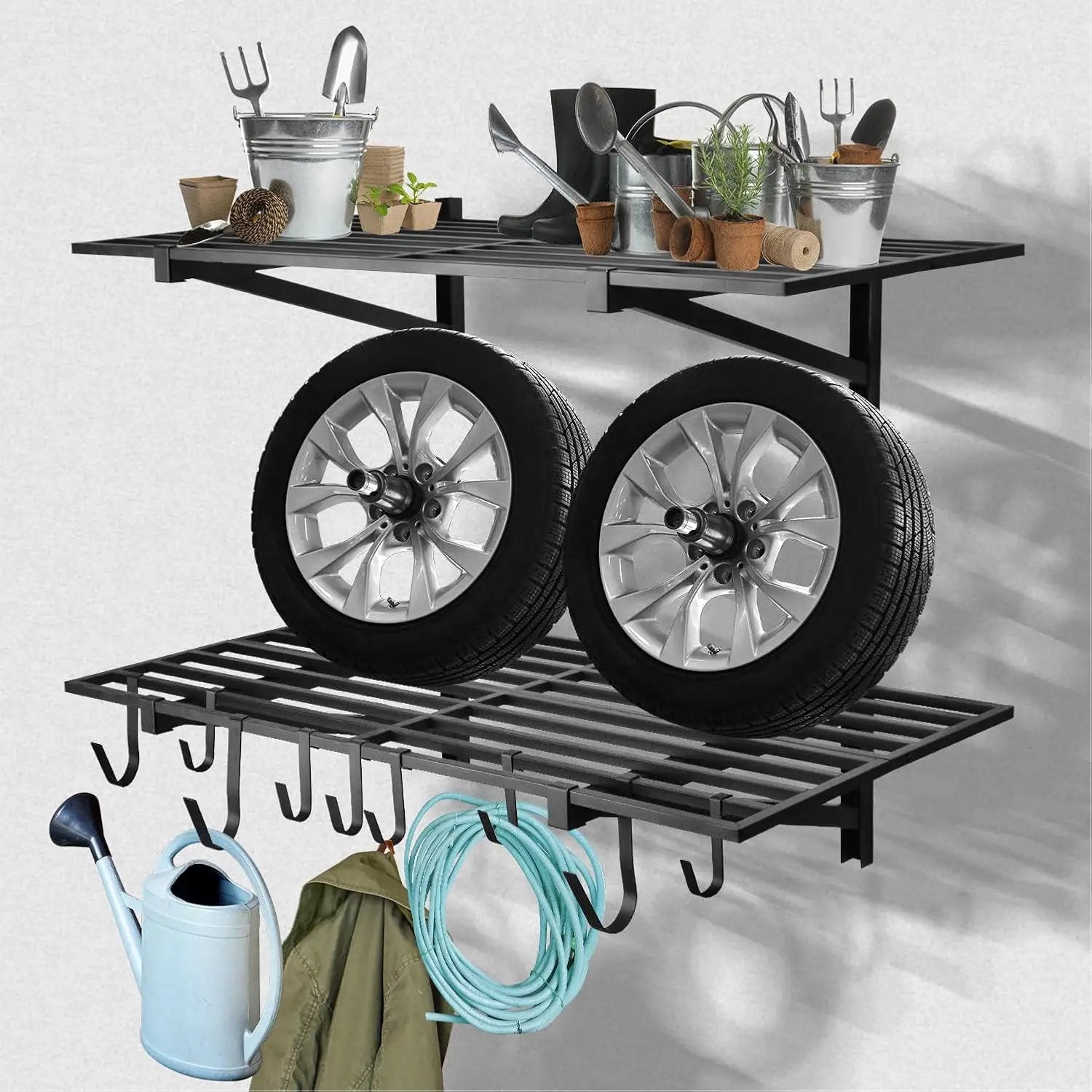 2 Pack Heavy Duty Garage Wall Shelving, 2' x 4' Wall Mount Storage Shelf, Holds 200 lbs Each, Garage Shelving Wall Mounted, Storage Rack with Hooks (Black) by GreenHaven Gardens