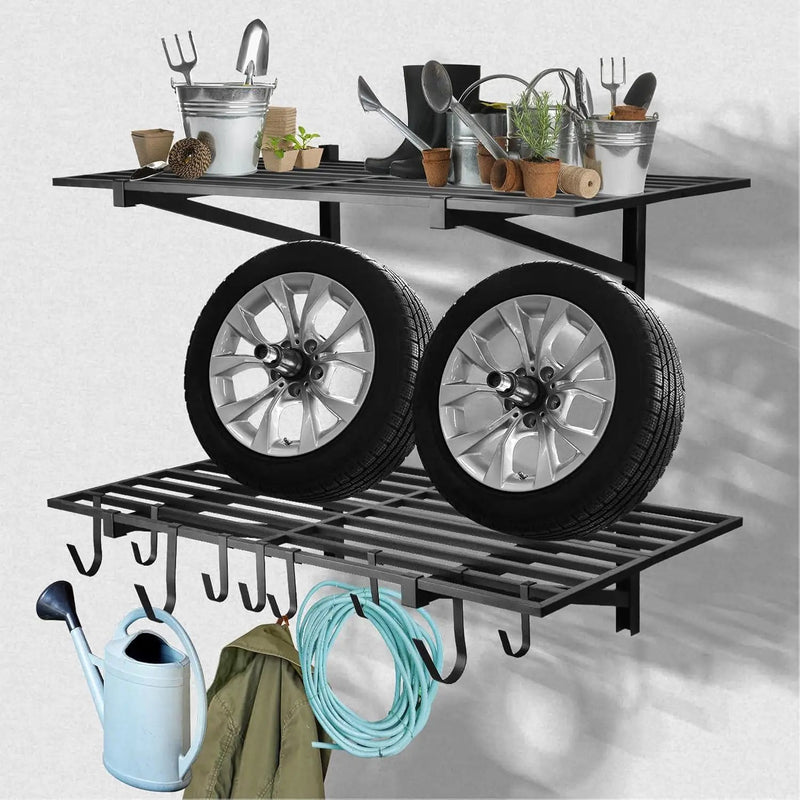 2 Pack Heavy Duty Garage Wall Shelving, 2' x 4' Wall Mount Storage Shelf, Holds 200 lbs Each, Garage Shelving Wall Mounted, Storage Rack with Hooks (Black) by GreenHaven Gardens