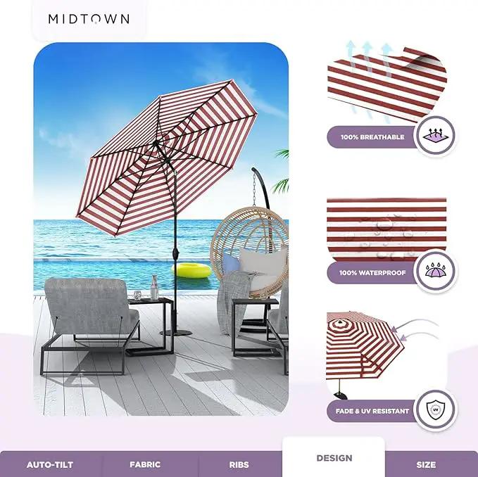 MIDTOWN UMBRELLAS The Lean 9 Feet Outdoor Umbrella With Terylast Red Stripes (Red/White Stripes) Polyester Fabric - 8 Ribs Aluminum Frame Patio Umbrella With Zinc Alloy Crank Lift And Auto-Tilt System by GreenHaven Gardens