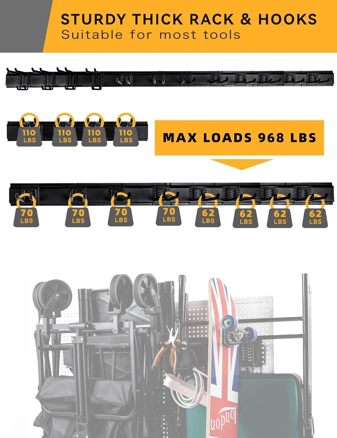 96 Inch Wall Mount Garden Tool Organizer, Garage Storage, Adjustable with 12 Heavy Duty Hooks and 4 Cable Ties, Max Load 960lbs, Black Iron, 96 x 1 x 4 Inches by GreenHaven Gardens