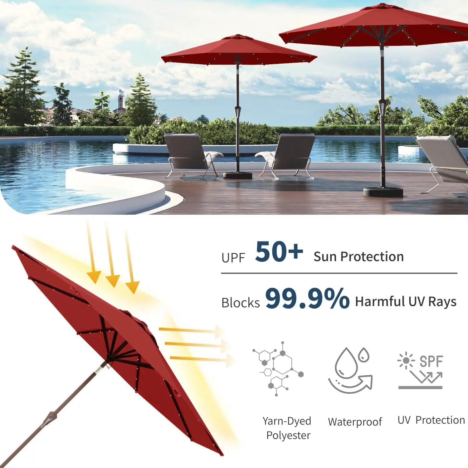 10FT Solar Umbrella 32 LED Lighted Patio Umbrella Table Market Umbrella w/Tilt and Crank, UV-Resistant Outdoor Umbrella for Pool, Garden, Deck, Red by GreenHaven Gardens