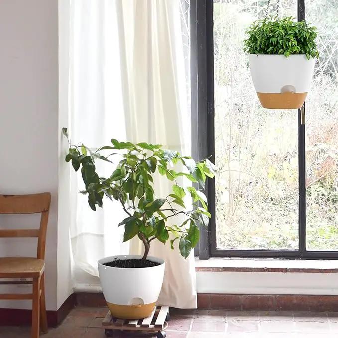 ZMTECH 12 Inch Hanging Planters for Indoor Outdoor Plants, 1 Pack Self Watering Hanging Plant Pots with Drainage Holes and Removable Saucer, Plastic Flower Hanging Pots with Watering Lip (White) by GreenHaven Gardens
